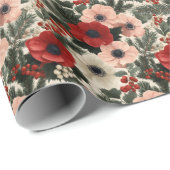 クリスマスのアネモネの花の背景のホリデーシーズン ラッピングペーパー (ロールコーナー)