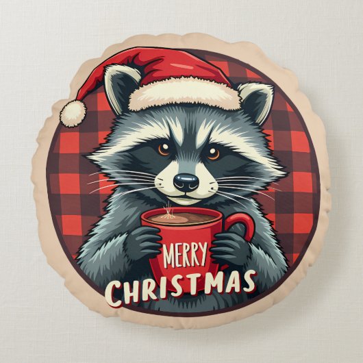 クリスマスのアライグマのココアの喜び ラウンドクッション (正面)