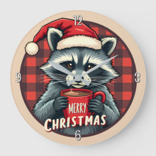 クリスマスのアライグマのココアの喜び ラージ壁時計