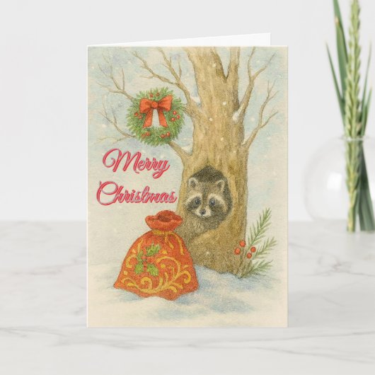 クリスマスのアライグマの水彩画の子供デザイン シーズンカード (正面)
