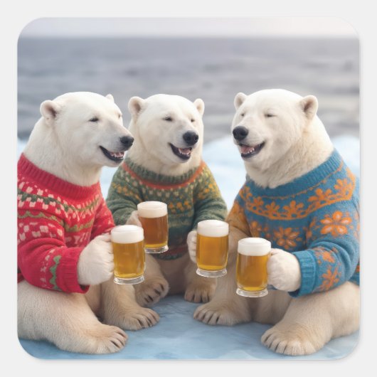クリスマスのアレなセーターを着たパーティするホッキョクグマたち スクエアシール (正面)