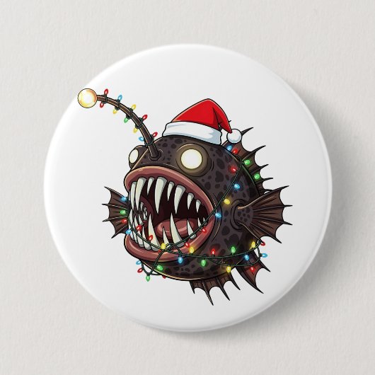 クリスマスのアンコウ Lophius サンタ帽子 ホリデー 缶バッジ (正面)