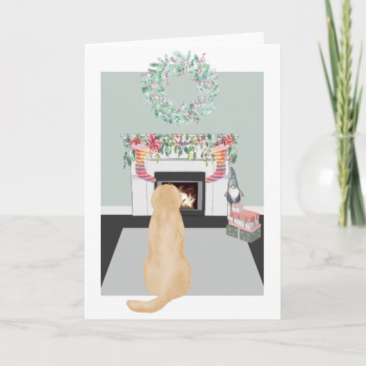 クリスマスのイエローラブラドール犬の暖炉のシーン カード (正面)