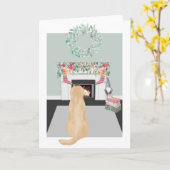 クリスマスのイエローラブラドール犬の暖炉のシーン カード (黄色い花)
