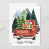 クリスマスのイギリスブルドッグとヴィンテージトラックの水彩画 シーズンカード (正面/裏面)