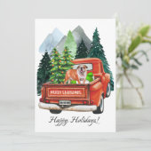クリスマスのイギリスブルドッグとヴィンテージトラックの水彩画 シーズンカード (スタンド正面)