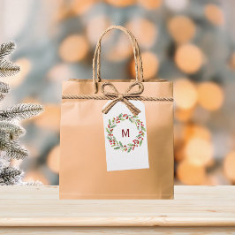 クリスマスのイニシャル入りレッドベリーのリース ギフトタグ