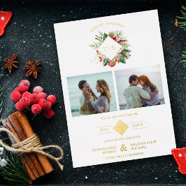 クリスマスのイニシャル フローラル 2枚の写真コラージュ ファンシー 箔招待状