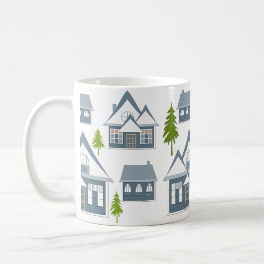 クリスマスのイラスト 冬の家 樹木 グレー コーヒーマグカップ (左)