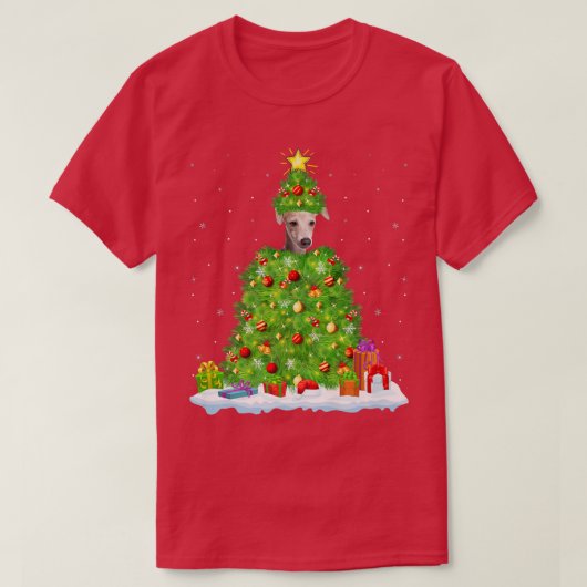 クリスマスのイルミネーションが楽しいイタリアングレーハウンドの犬のクリスマス Tシャツ (デザイン正面)