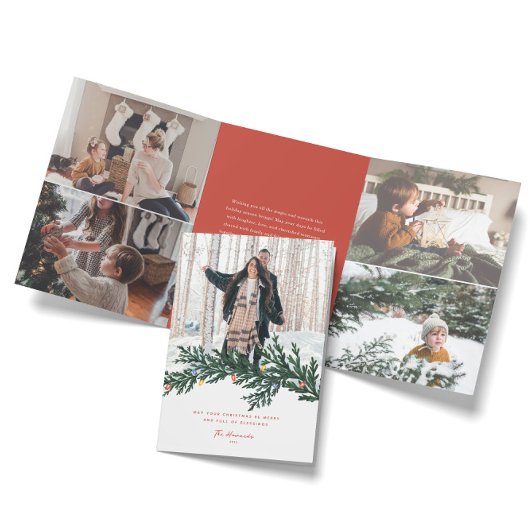 クリスマスのイルミネーションと緑の写真 三つ折りクリスマスカード