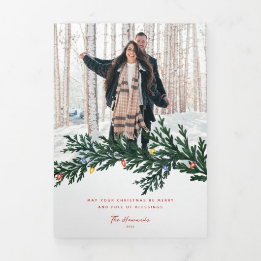 クリスマスのイルミネーションと緑の写真 三つ折りクリスマスカード (カバー)