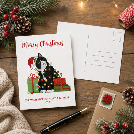 クリスマスのイルミネーションと黒猫のクリスマス シーズンポストカード
