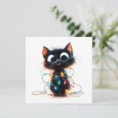 クリスマスのイルミネーションに包まれた陽気な黒猫 シーズンカード (スタンド正面)