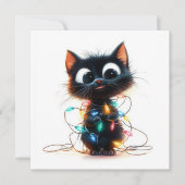 クリスマスのイルミネーションに包まれた陽気な黒猫 シーズンカード (正面)