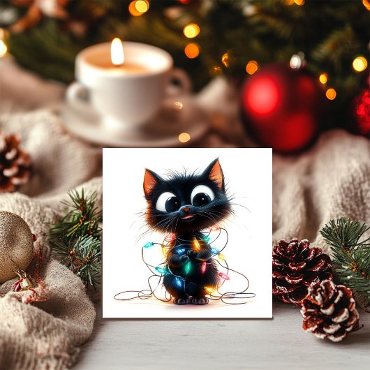 クリスマスのイルミネーションに包まれた陽気な黒猫 シーズンカード