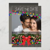 クリスマスのイルミネーション ウッドグレイン 写真 セーブ・ザ・デート 招待状 (正面/裏面)