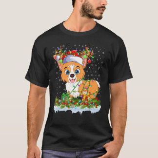 クリスマスのウェルシュコーギードッグのクリスマスライトサンタトナカイ Tシャツ