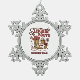 クリスマスのウエスタンカウボーイブーツジョーク スノーフレークピューターオーナメント