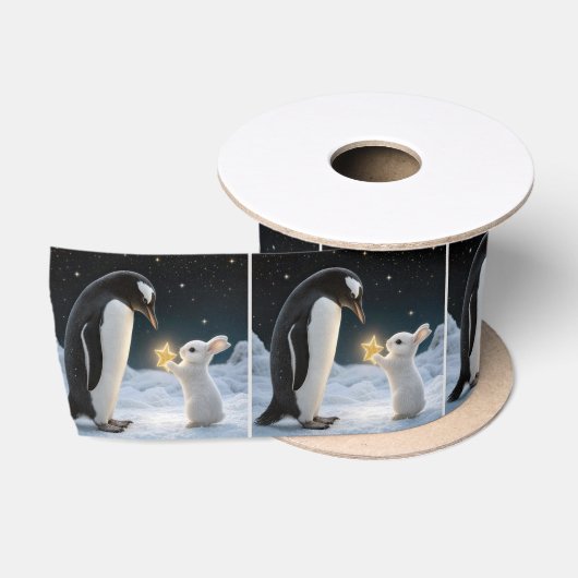 クリスマスのウサギと星を持つペンギン サテンリボン (リール)