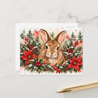 クリスマスのウサギ - フェスティブなウサギの水彩画 シーズンポストカード