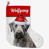 クリスマスのウルフハウンドと名前のWoof背景 ラージクリスマスストッキング (正面)