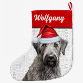クリスマスのウルフハウンドと名前のWoof背景 ラージクリスマスストッキング (裏面)
