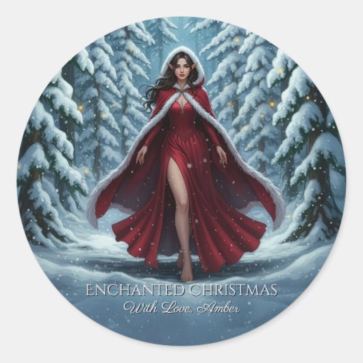 クリスマスのエルフ 赤いドレスの森のマグネットカード ラウンドシール (正面)