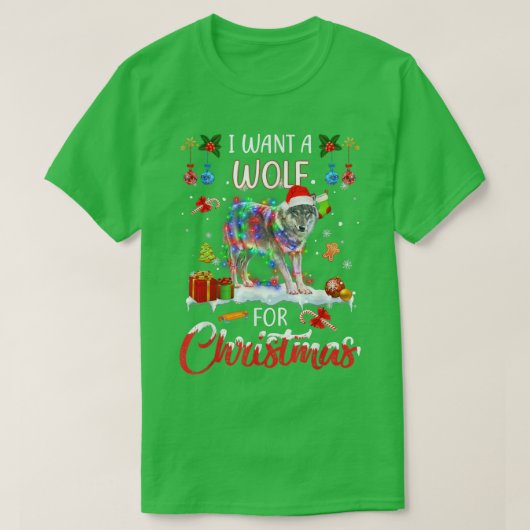 クリスマスのオオカミが欲しいクリスマスライトサンタ・オオカミ Tシャツ (デザイン正面)