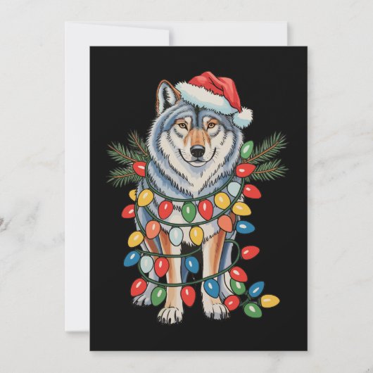 クリスマスのオオカミサンタ帽子イルミネーション 動物好き シーズンカード (正面)