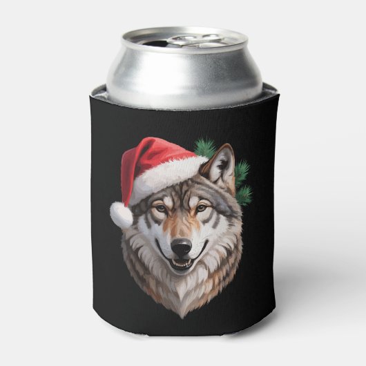 クリスマスのオオカミ サンタ帽子 モミの枝 冬の休日 缶クーラー (缶正面)