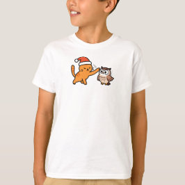 クリスマスのオレンジ猫とフクロウ Tシャツ