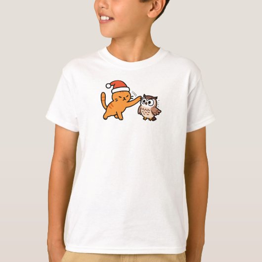クリスマスのオレンジ猫とフクロウ Tシャツ (正面)