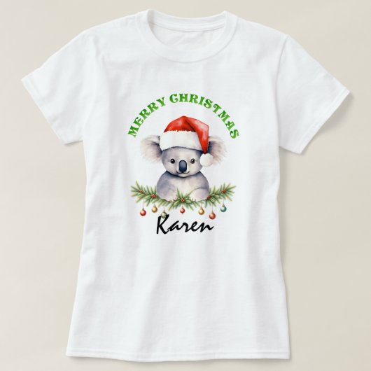 クリスマスのオーストラリアの動物コアラのマッチングの婦人服 Tシャツ (デザイン正面)