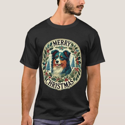 クリスマスのオーストラリアンシェパード Tシャツ (正面)