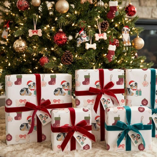 クリスマスのオーストラリアン・シェパードのサンタ帽子の柄 ラッピングペーパー