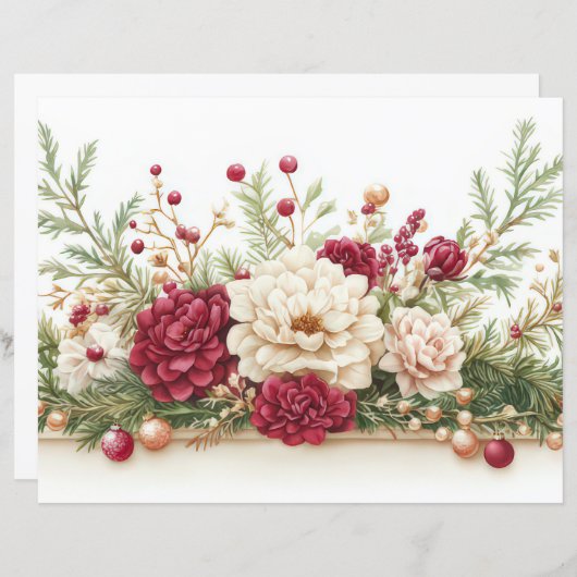 クリスマスのオーナメントと花のスクラップブッキングペーパー (正面/裏面)