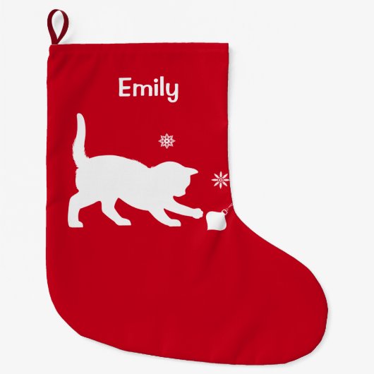 クリスマスのオーナメントと遊んでいる猫 ラージクリスマスストッキング (正面)