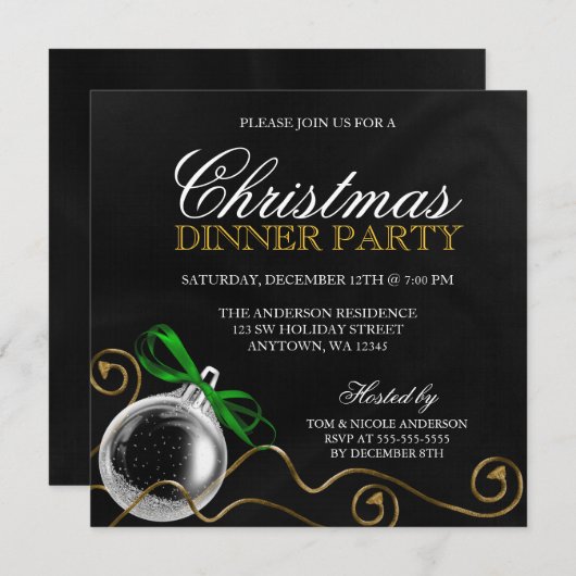 クリスマスのオーナメントの緑の弓ディナー・パーティ 招待状 (正面/裏面)