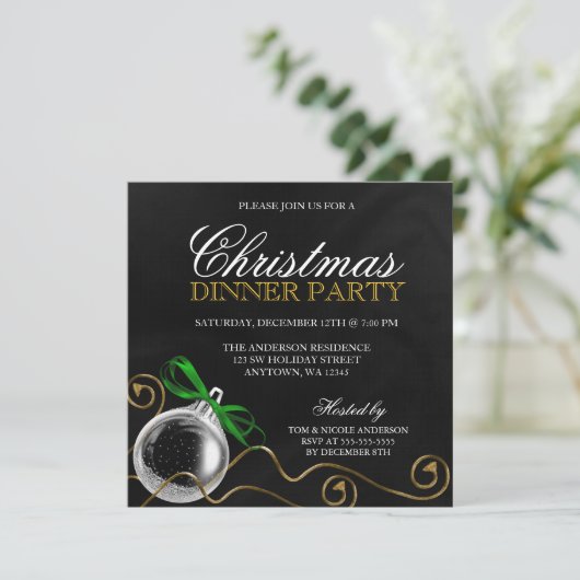 クリスマスのオーナメントの緑の弓ディナー・パーティ 招待状 (スタンド正面)