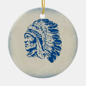 クリスマスのオーナメントの青いシルエットのインディアンの酋長 セラミックオーナメント (正面)