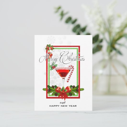 クリスマスのカクテルの水彩画の芸術 シーズンポストカード (スタンド正面)