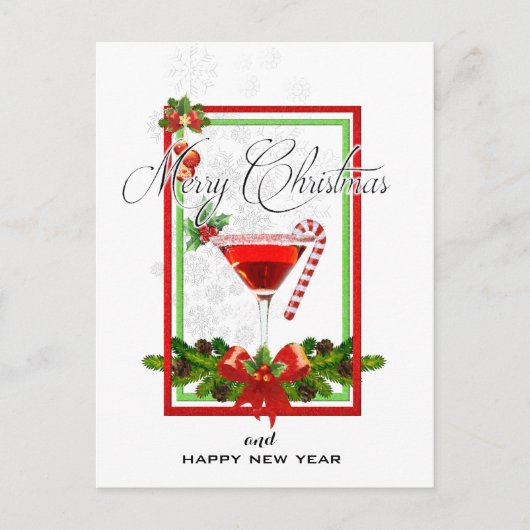 クリスマスのカクテルの水彩画の芸術 シーズンポストカード (正面)