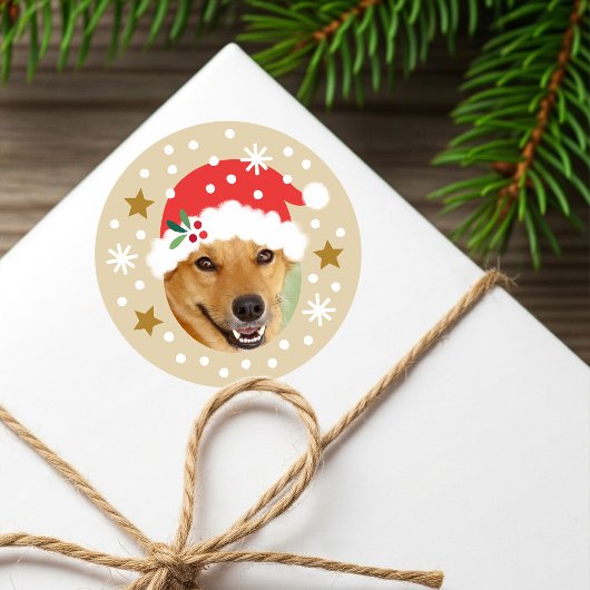 クリスマスのカスタムフォトサンタ帽子面白いベージュ ラウンドシール