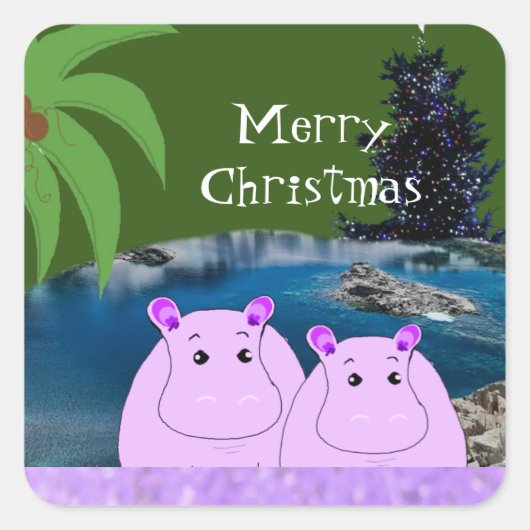 クリスマスのカバのスクエアステッカー スクエアシール (正面)