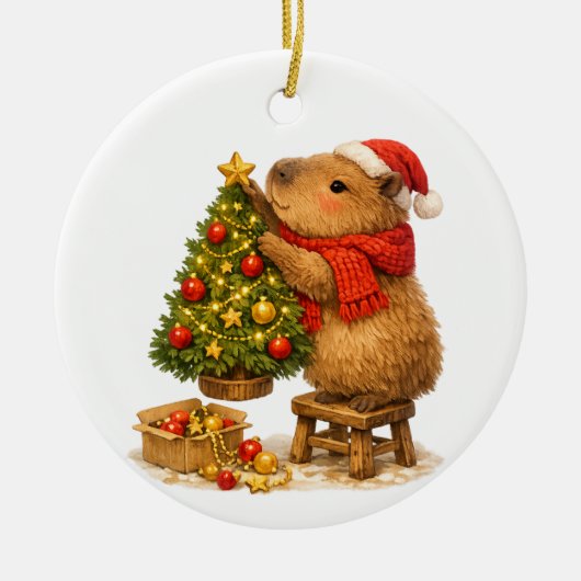 クリスマスのカピバラがツリーを飾る セラミックオーナメント (正面)