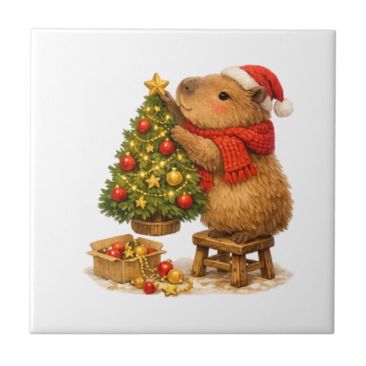 クリスマスのカピバラがツリーを飾る タイル (正面)