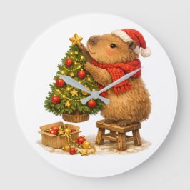 クリスマスのカピバラがツリーを飾る ラージ壁時計