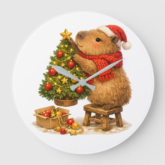 クリスマスのカピバラがツリーを飾る ラージ壁時計 (正面)