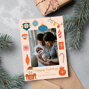 クリスマスのカラフルなオーナメントがかわいい家族写真 シーズンカード